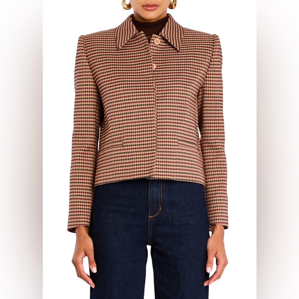 Seroya Jessamine Cropped Blazer Jacket, Camel Houndstooth, Tailored Structured